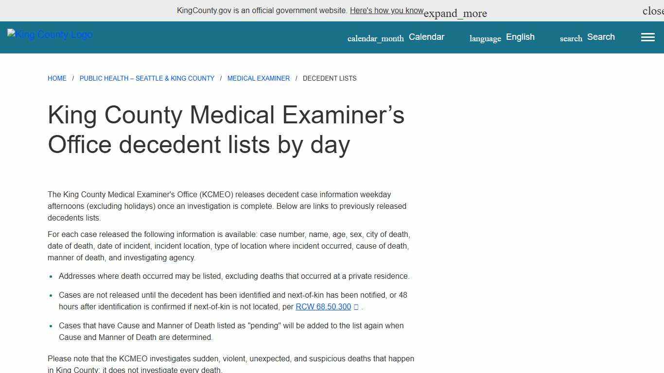 King County Medical Examiner’s Office decedent lists by day - King County, Washington